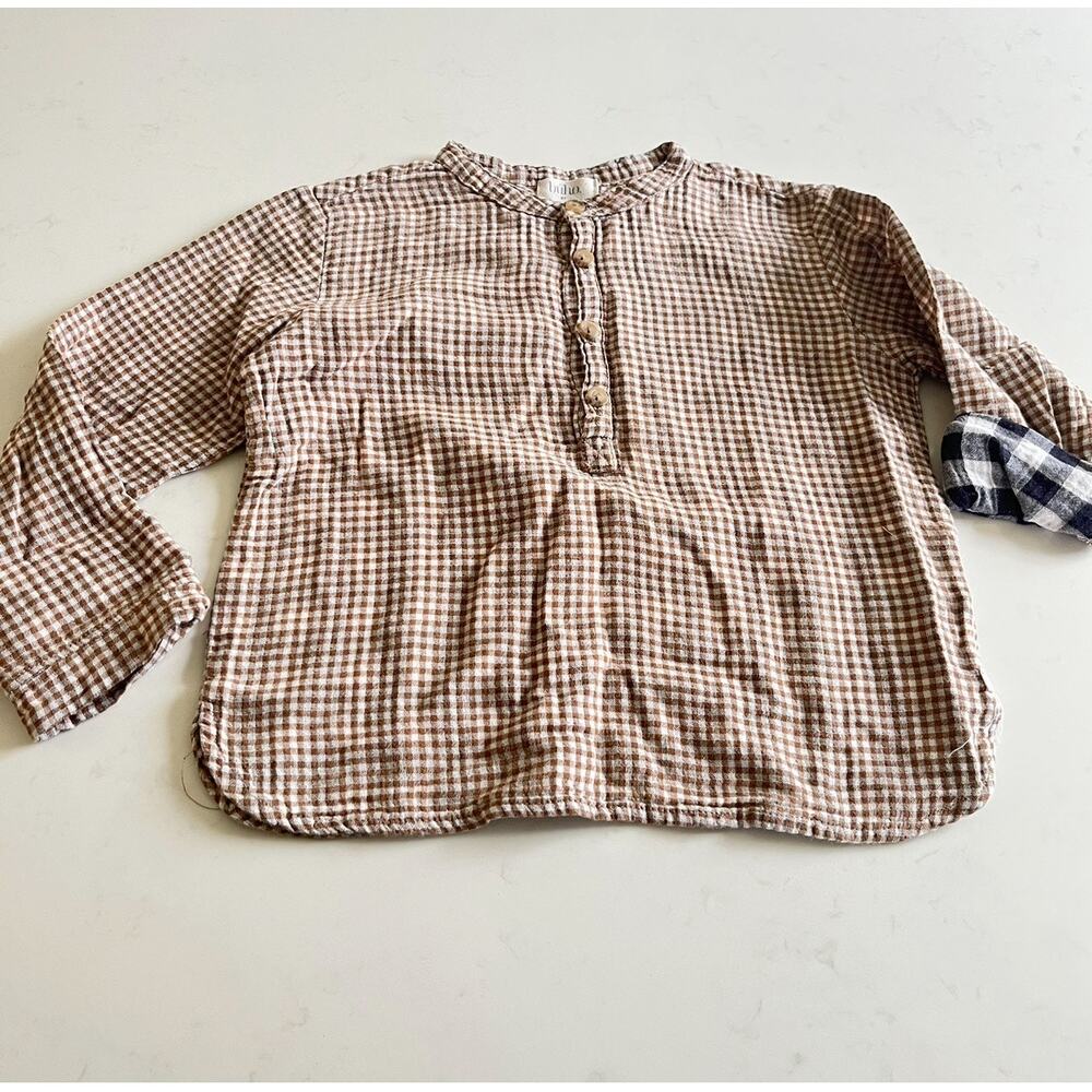 Buho Barcelona Boys Ecru Brown Gingham Plaid Gauze Shirt Organic Cotton Preppy